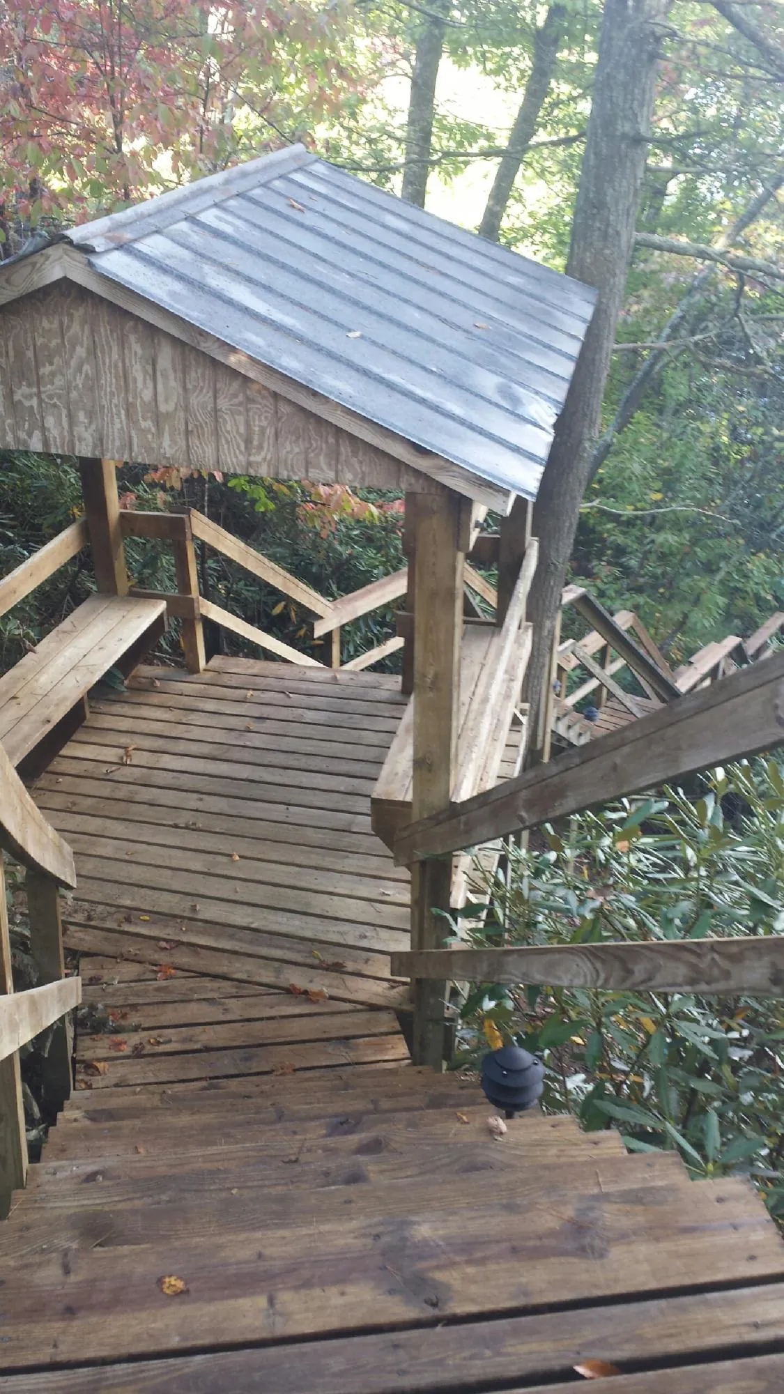 Metal roofed shelter over wooden steps on a wooded walkway — Skylight Repair & Installation work by our crew in Coloma